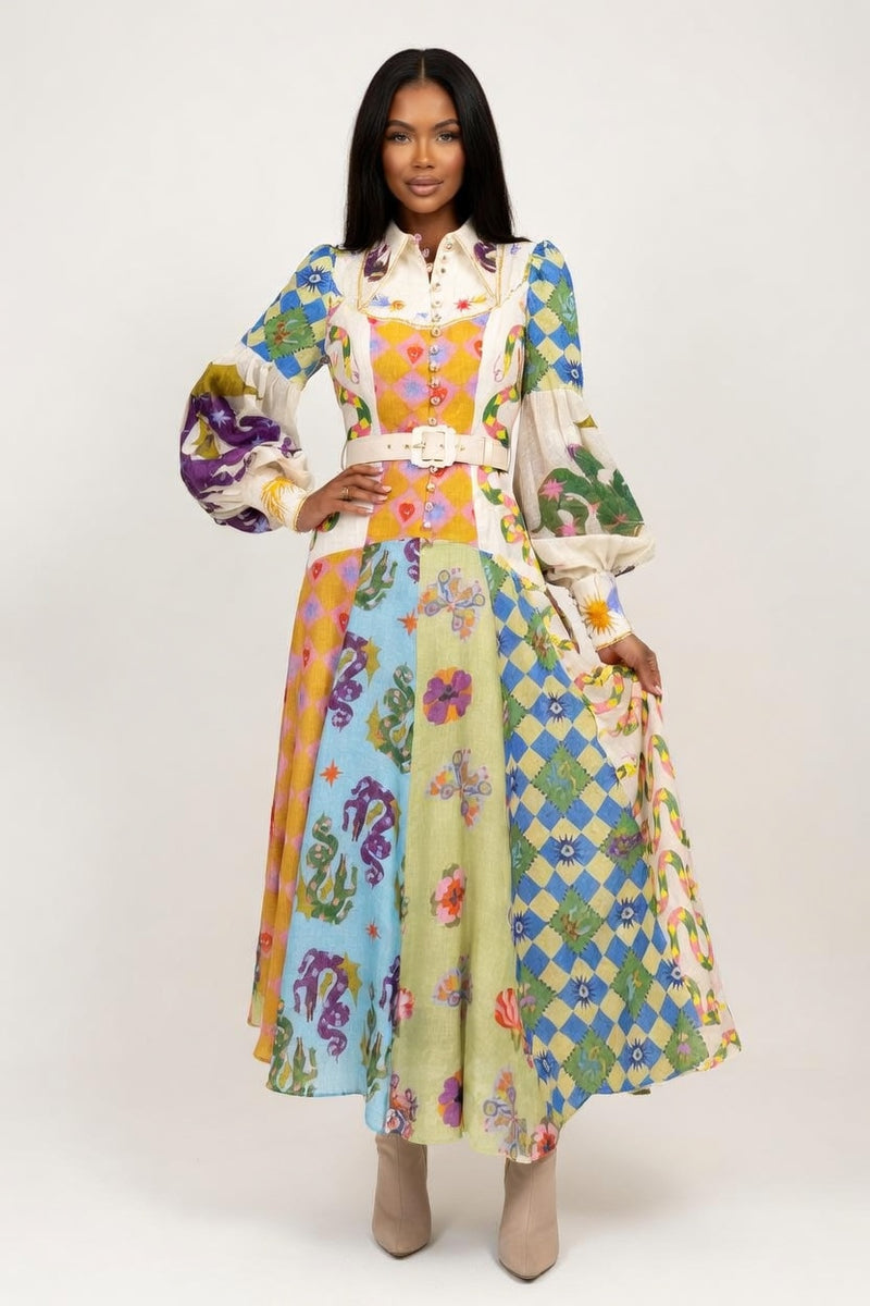 Printed Swing Dress with Lantern Sleeves — front view