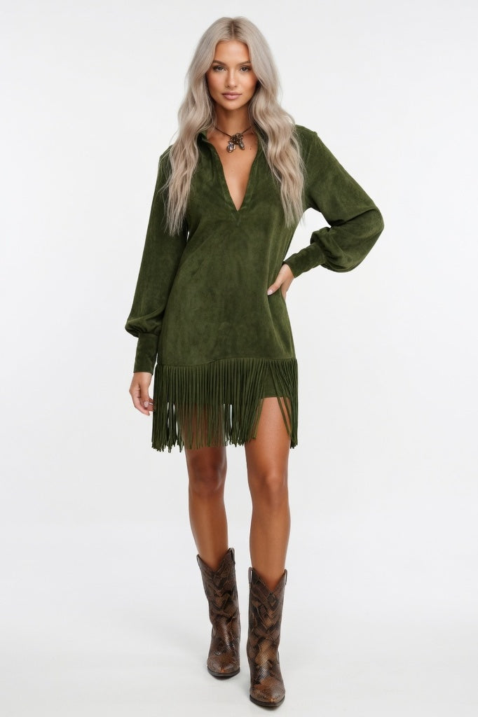 Suede V-Neck Mini Dress — Green