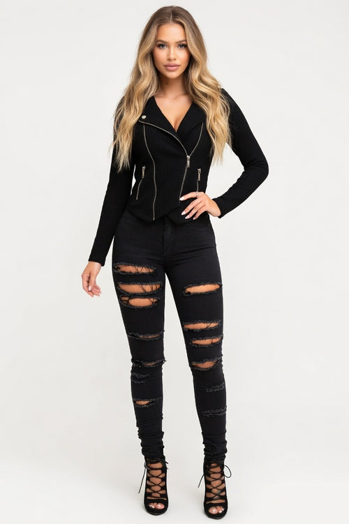 Ripped Pencil Jeans — Black