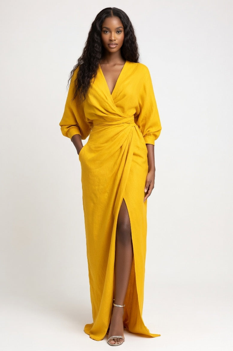 V-Neck Maxi Dress with Side Split — Yellow