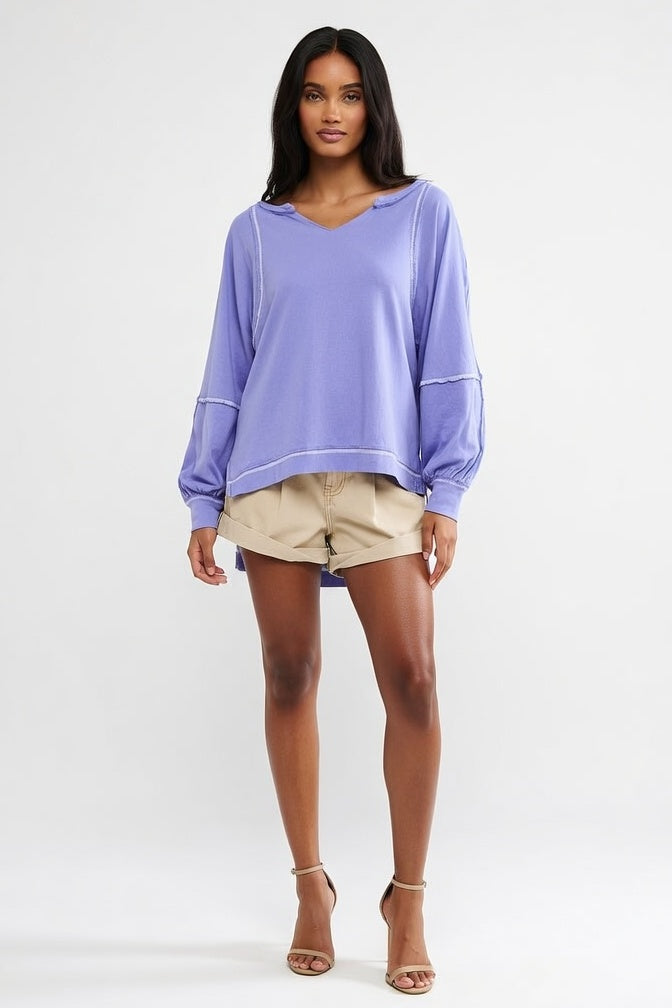 V-Neck Sweatshirt with Contrast Detailing — Purple
