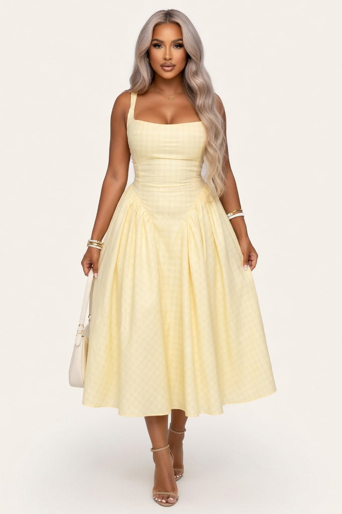 Square Neck Printed Slip Dress — Yellow