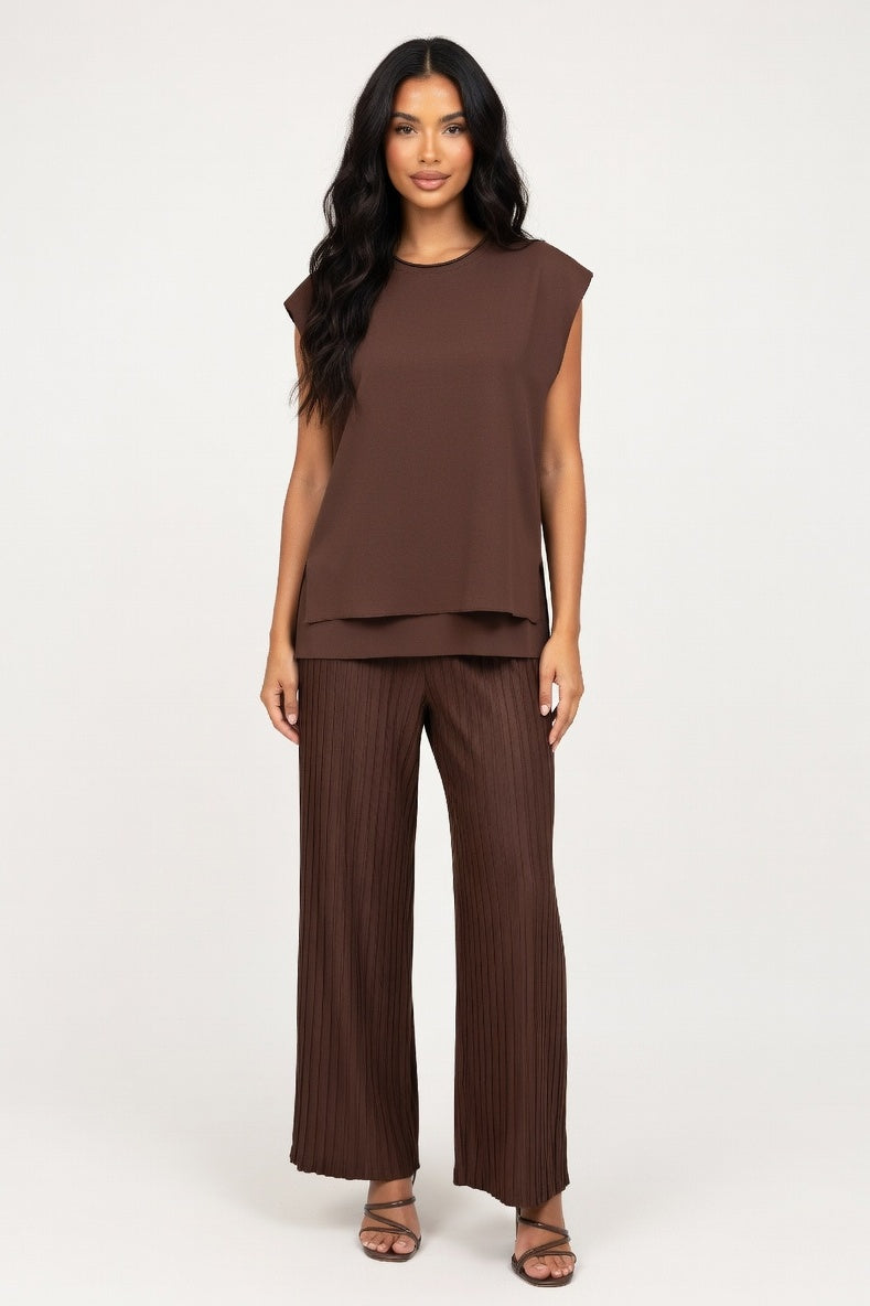 Knitted Co-ord Set Sleeveless Vest + Wide Leg Trousers — Coffee