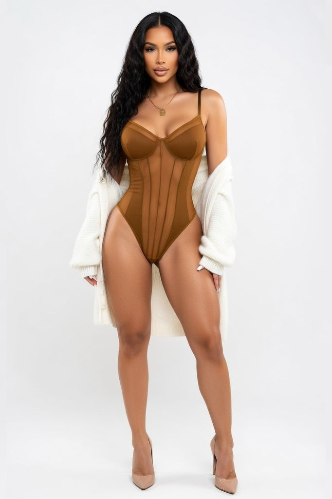 Mesh Backless Jumpsuit — Brown