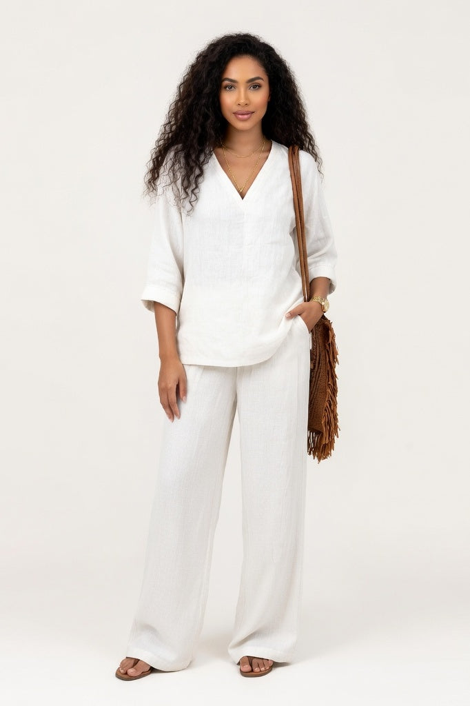 V-Neck Co-Ord Set — White