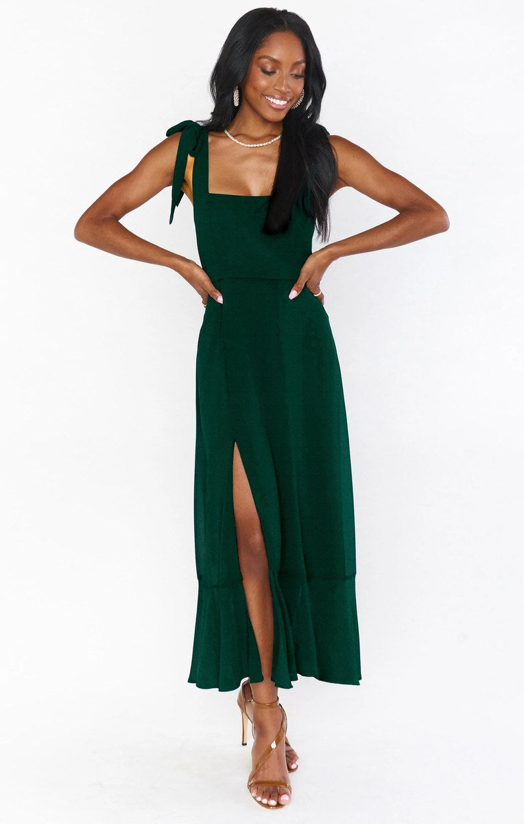 Lace-Up Ruffle Dress — Dark Green — colour variant