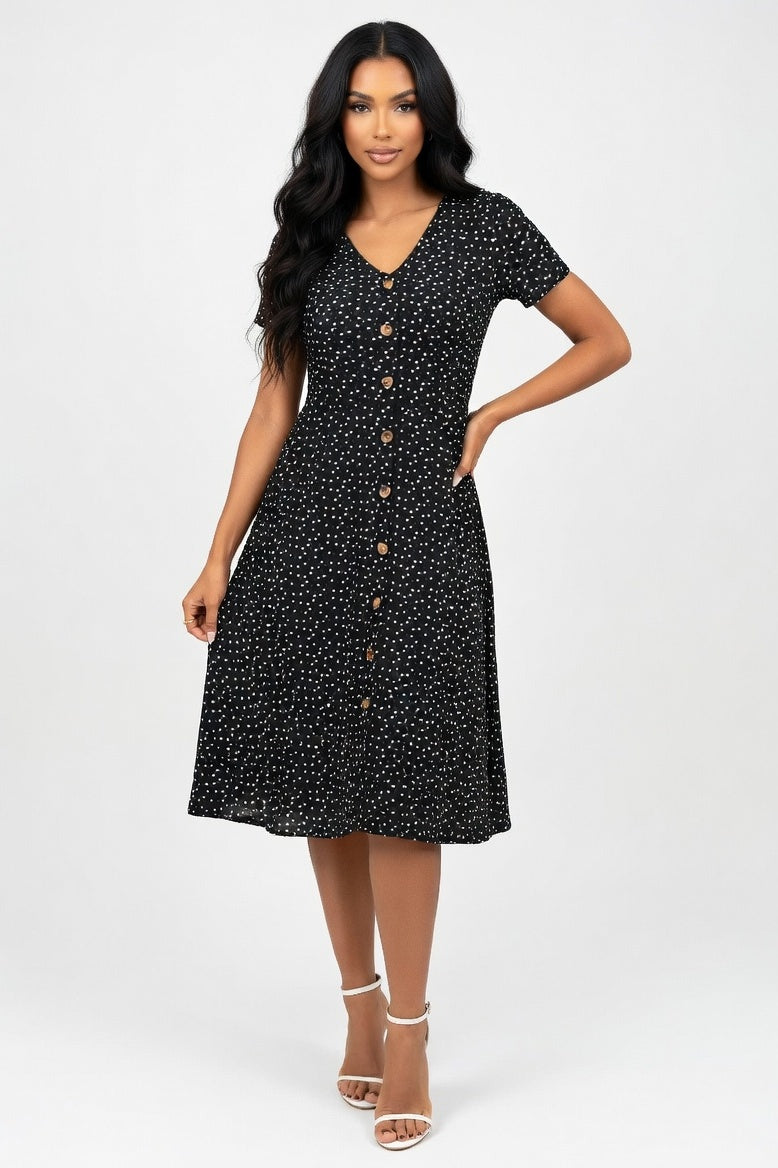 Polka Dot V-Neck Shirt Dress — Black