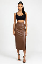 PU Leather Slit Midi Skirt — Brown