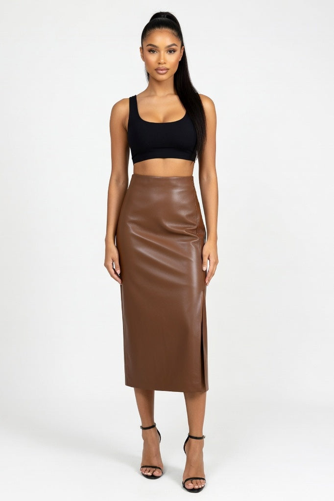 PU Leather Slit Midi Skirt — Brown