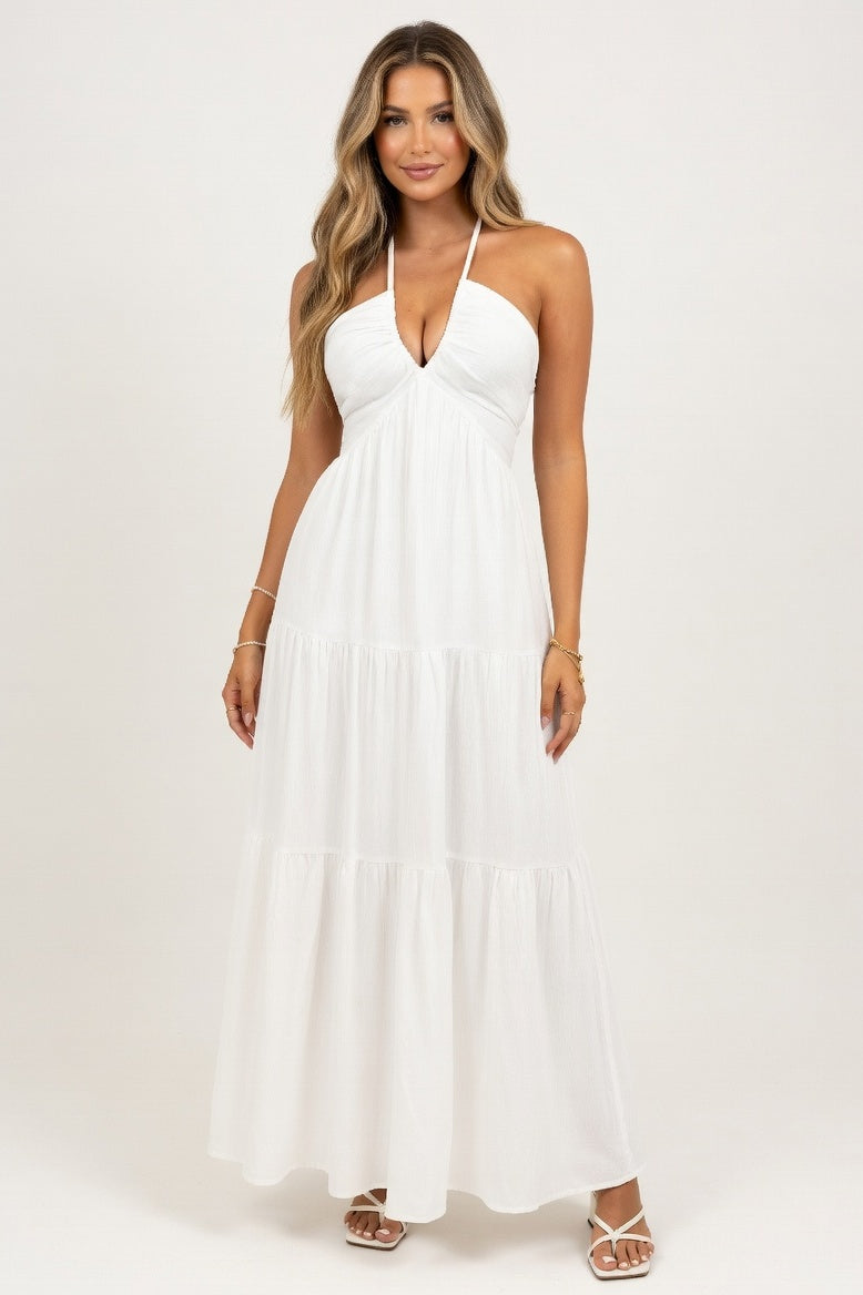 Deep V Halter Dress — White