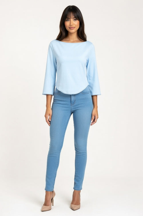 Fitted Cotton Three-Quarter Sleeve Top — Blue