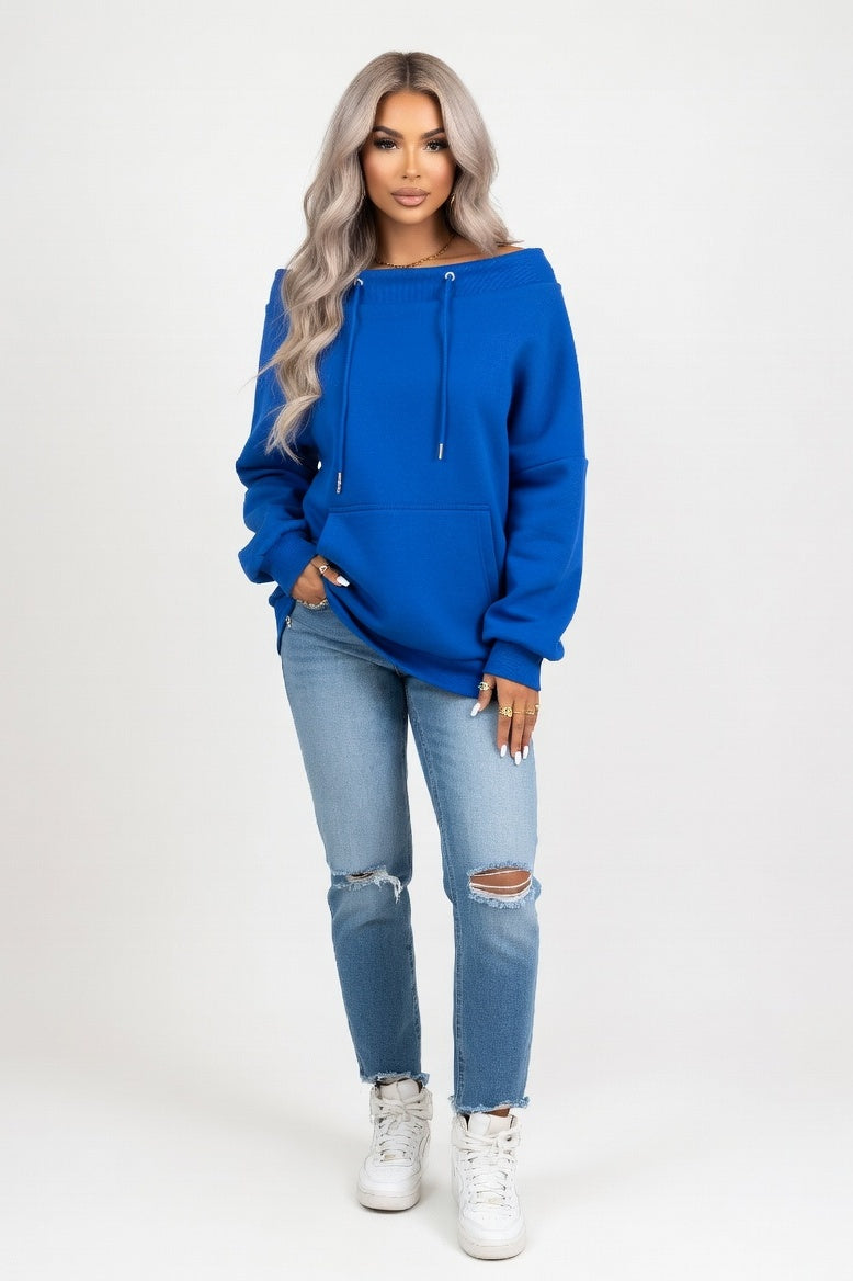 Off-Shoulder Drawstring Sweatshirt — Blue