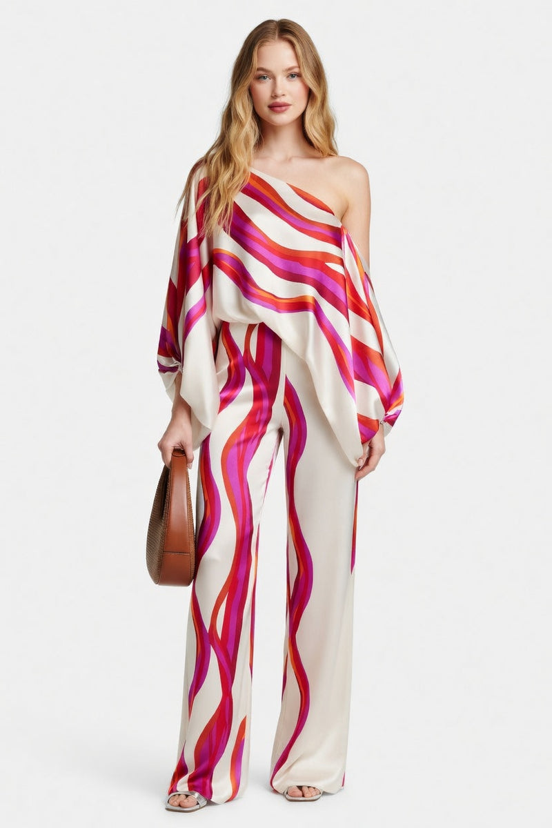 Printed Off-Shoulder Wide Leg Co-ord Set — Blue Stripe