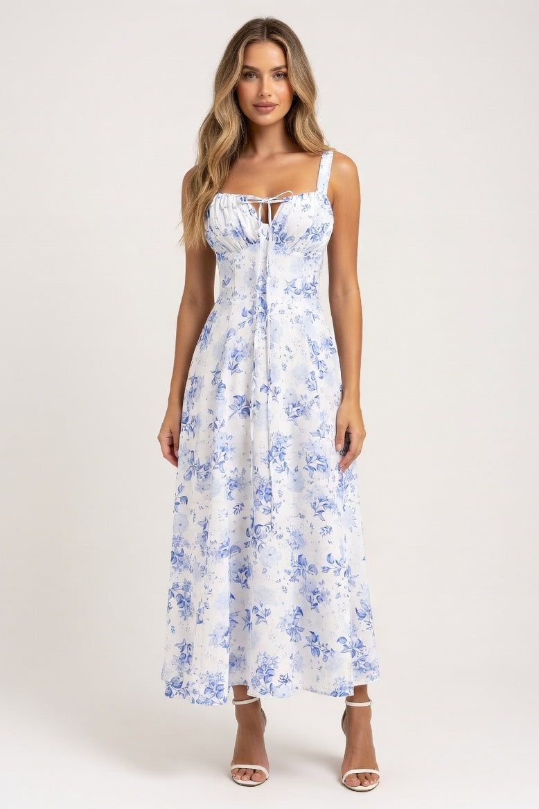 Cross-Back Print Maxi Dress — Blue Floral