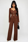 Square Collar Knit Suit with Metal Rose Buckle