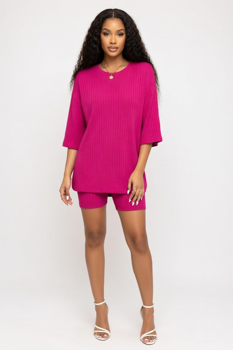 Round Neck Shorts Co-Ord Set — Rose Red
