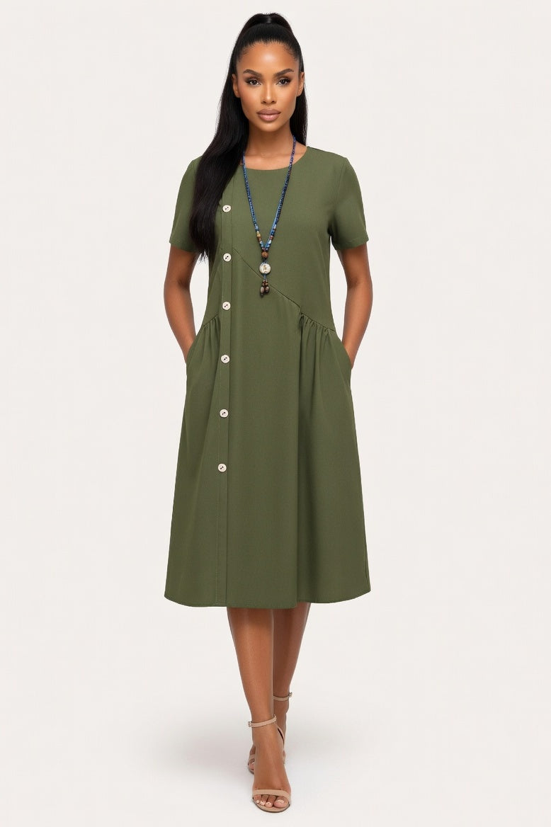 Button Detail Midi Dress — Army Green