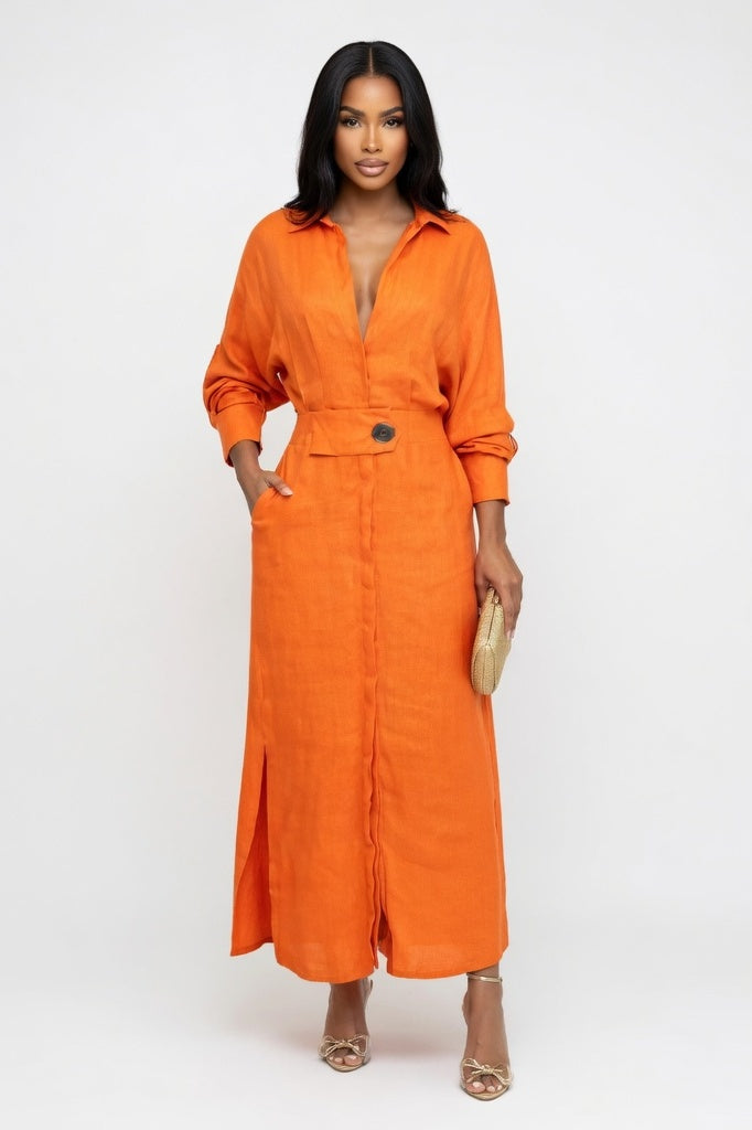 V-Neck Shirt Dress — Orange Red