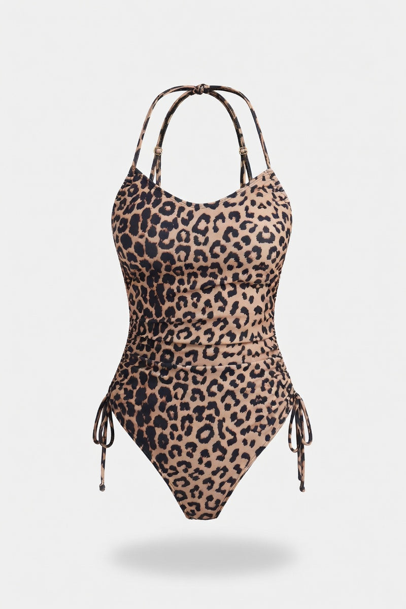 Leopard Print Halter Swimsuit — front view