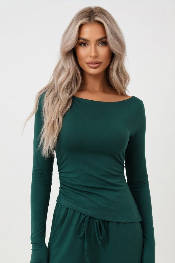 V-Neck Co-ord Set Wide Leg — Dark Green