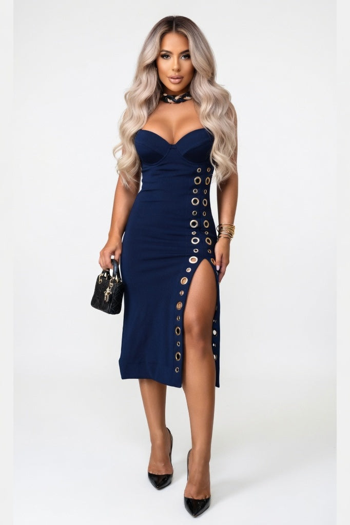 Button Detail Bodycon Dress — Dark Blue