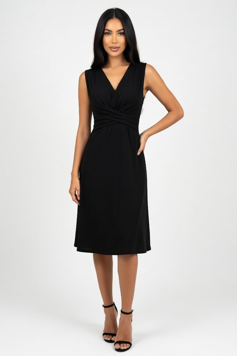 Cross Waist V-Neck Midi Dress — Black