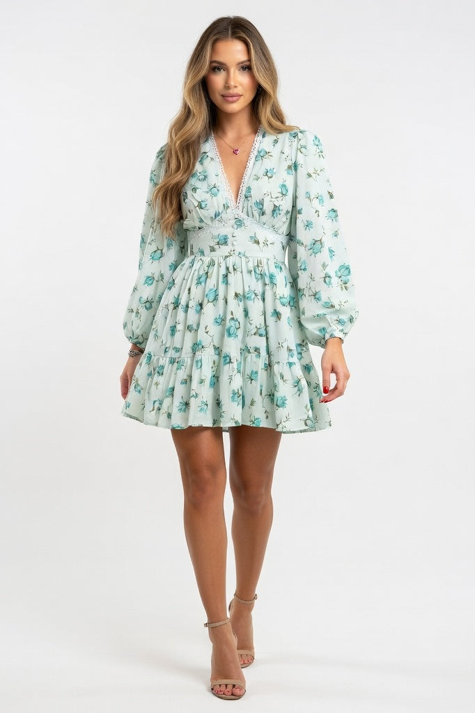 Printed V-Neck Lace Trim Dress — Green