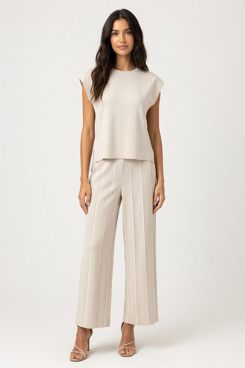 Knitted Co-ord Set Sleeveless Vest + Wide Leg Trousers — Apricot