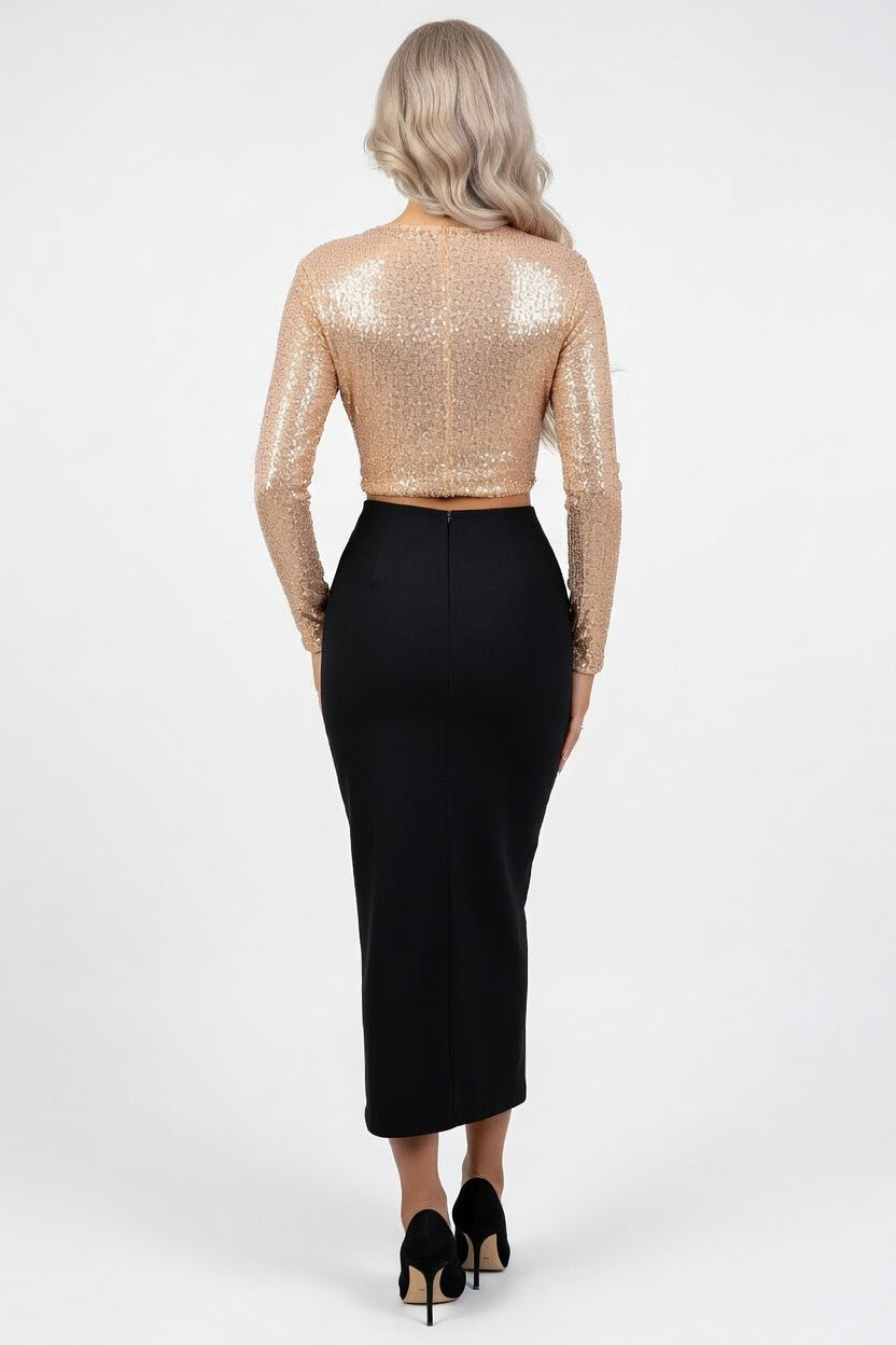Draped Deep V Midi Dress — back view