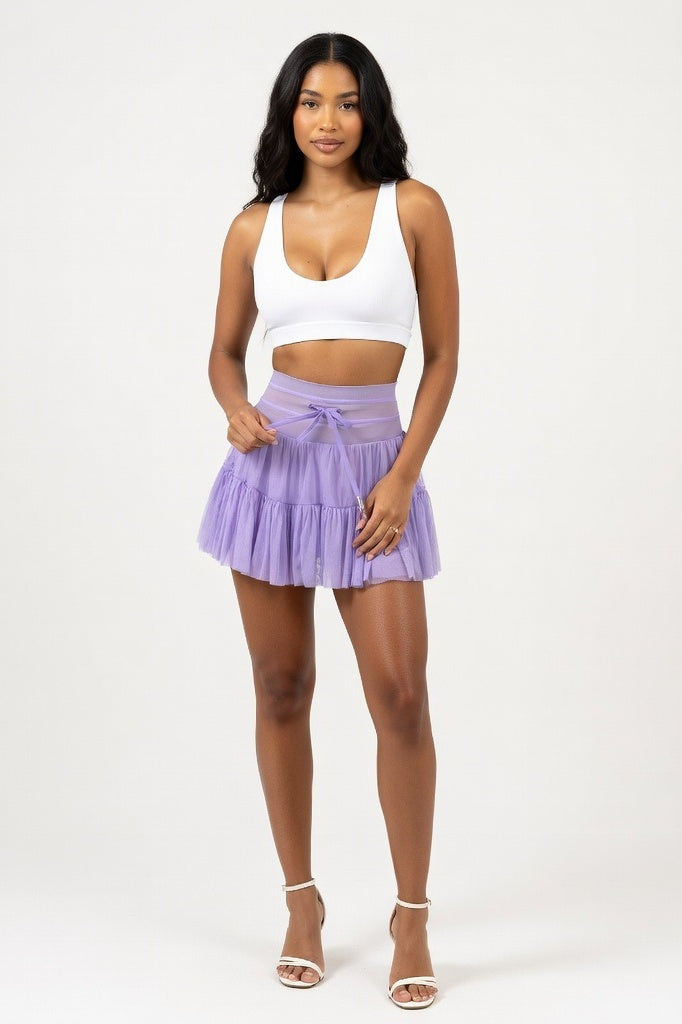 High-Waist Lace-Up Mesh Pleated Mini Skirt — Purple