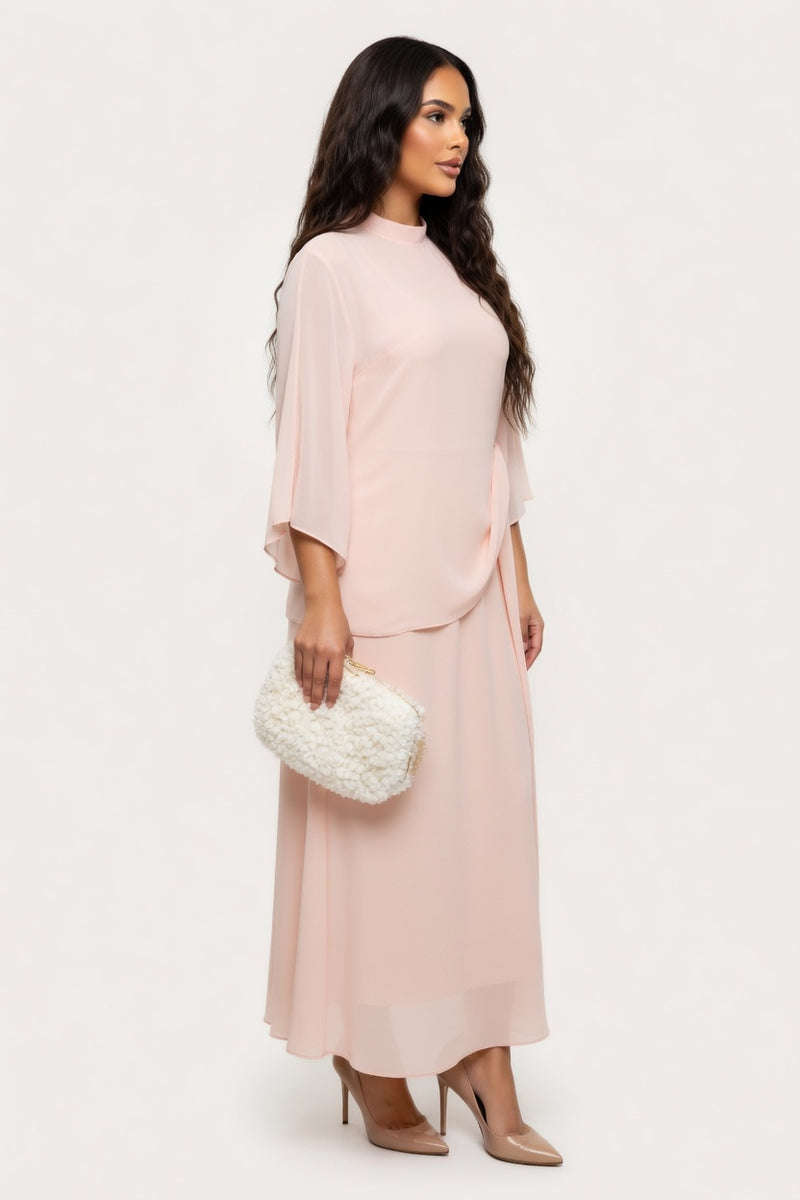 Stand Collar Pleated Trumpet Sleeve Dress — side view