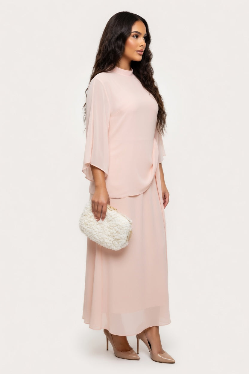 Stand Collar Pleated Trumpet Sleeve Dress — side view