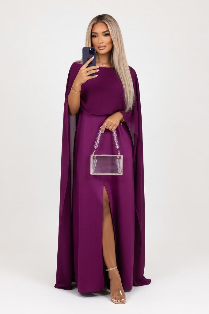 Mesh Panel Satin Dress — Purple Red