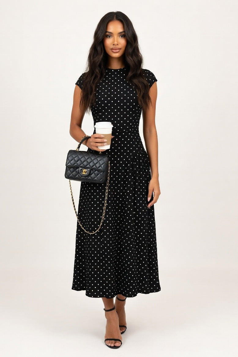 Polka Dot A-Line Midi Dress — Black
