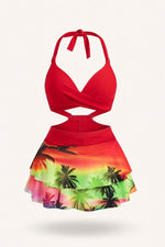 High Waist Ruffle Print Bikini Set — Red