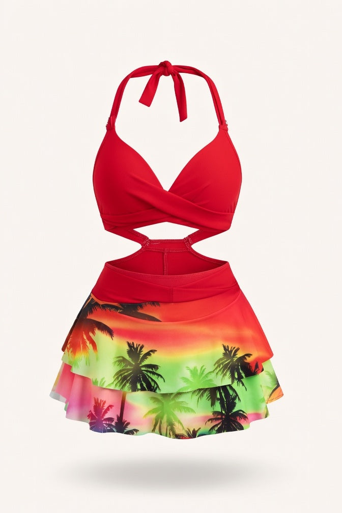 High Waist Ruffle Print Bikini Set — Red