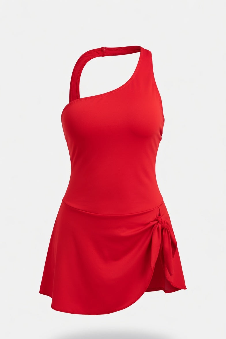 One Shoulder Print Swimsuit — Red