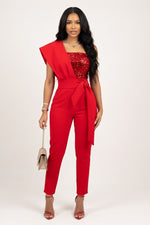 Sequin Belted Jumpsuit — Red Sequin