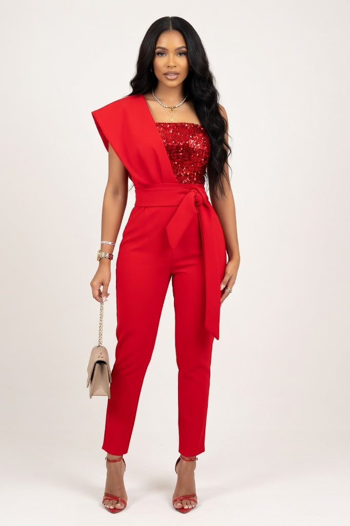 Sequin Belted Jumpsuit — Red Sequin