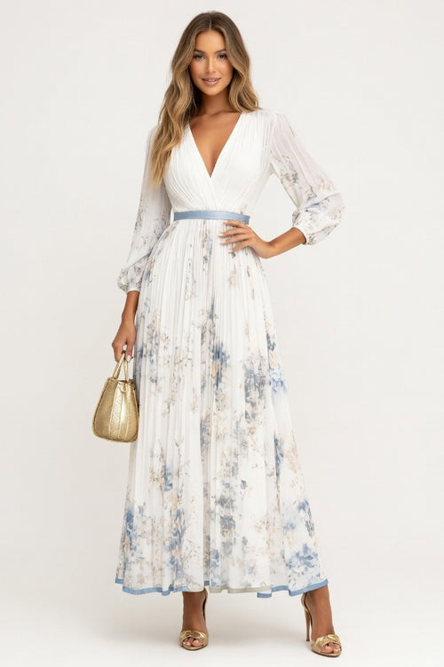 V-Neck Printed Midi Dress — White Print