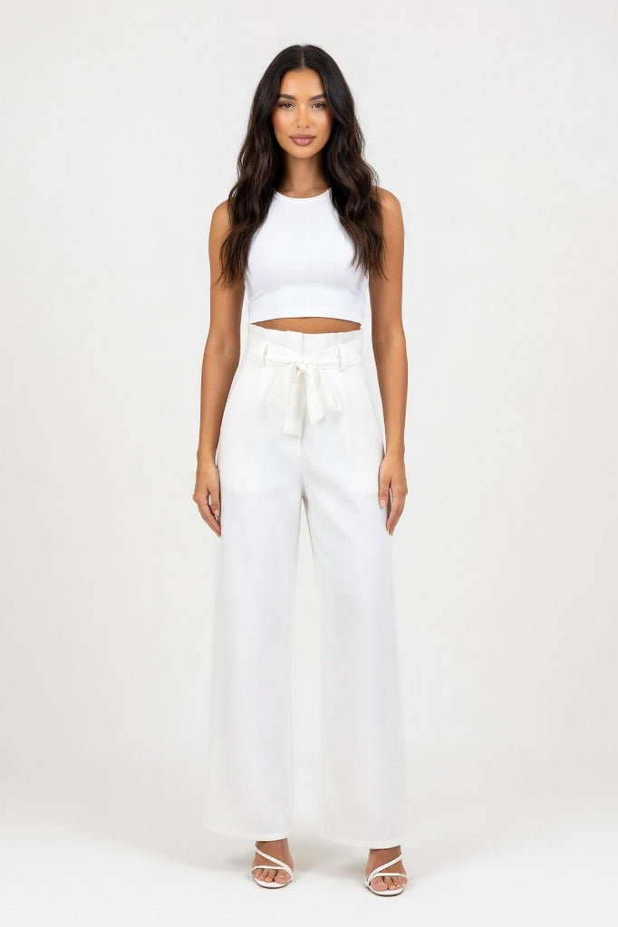Wide Leg Trousers with Belt — White