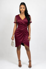Satin V-Neck Mini Dress — Burgundy