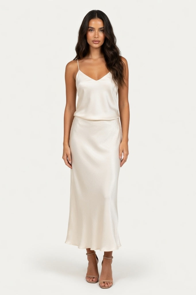 Satin Side Slit Midi Skirt — Apricot