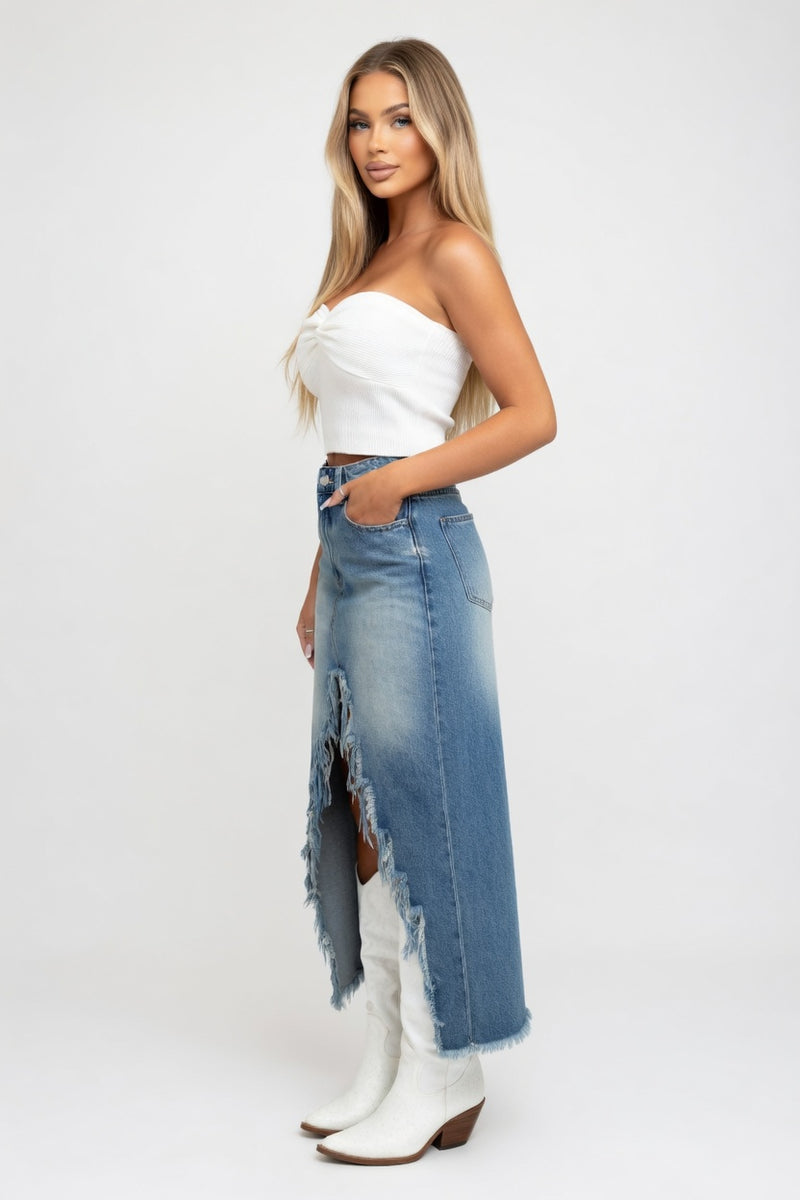 Raw Edge Denim Mini Skirt — side view