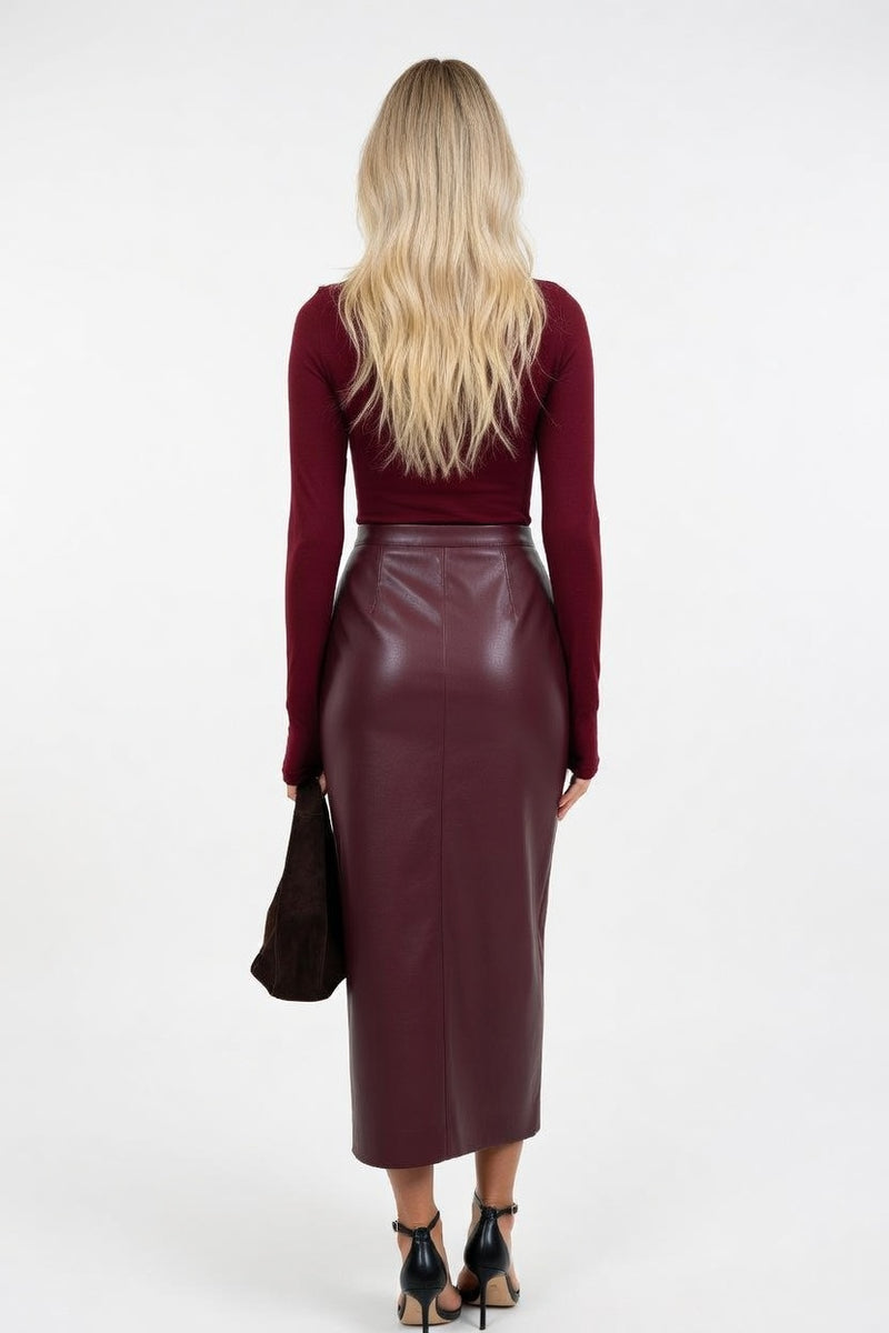 Faux Leather Mini Skirt with Side Slit — back view