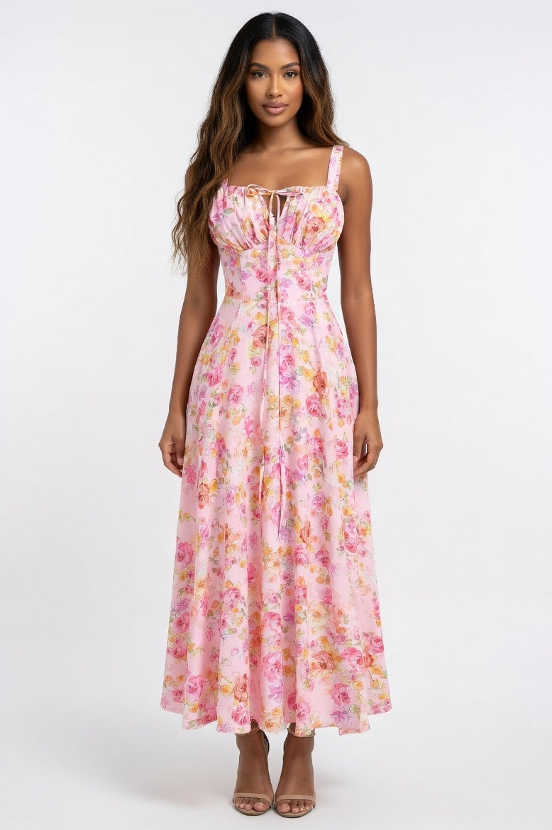 Printed Halter Maxi Dress — Pink Base Pink Floral
