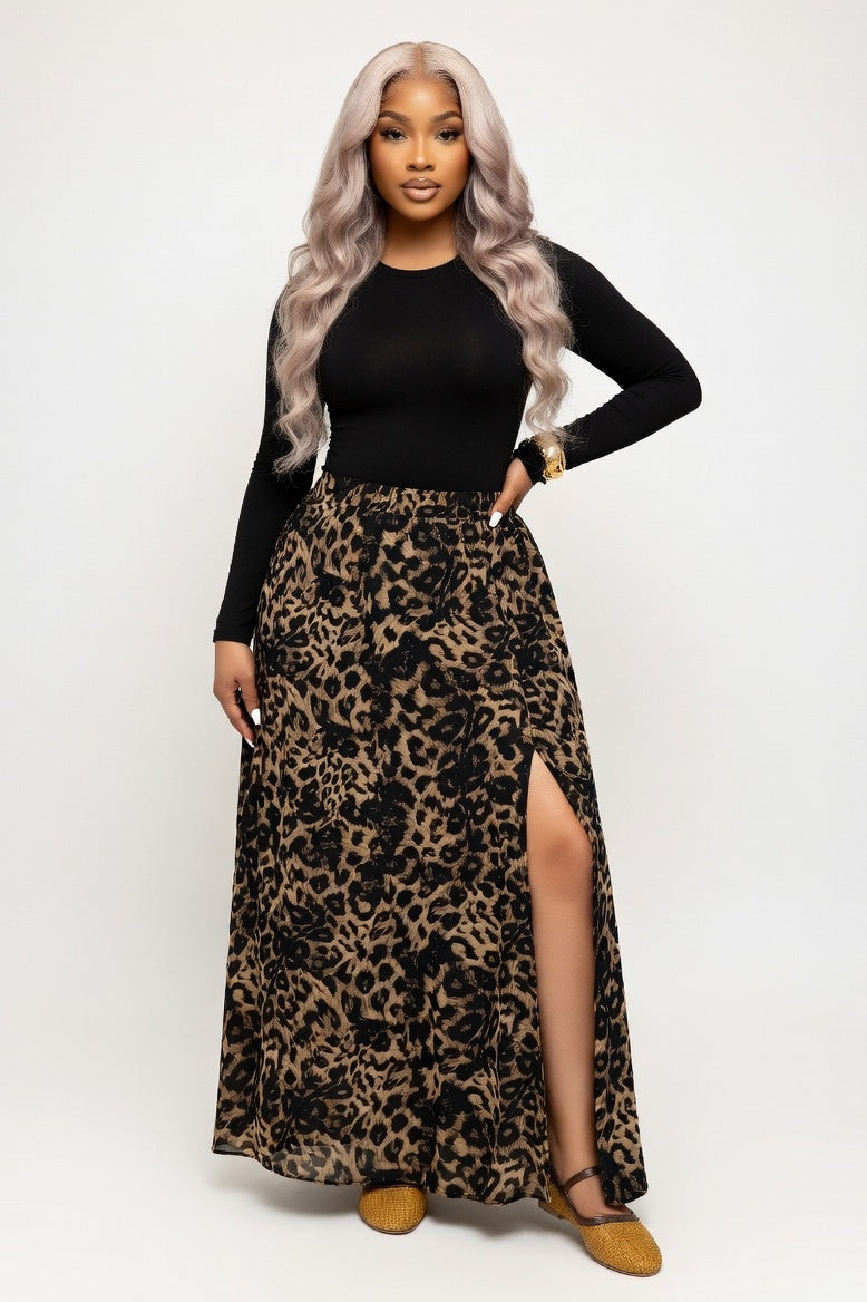 Printed Slit Midi Skirt — Red Brown