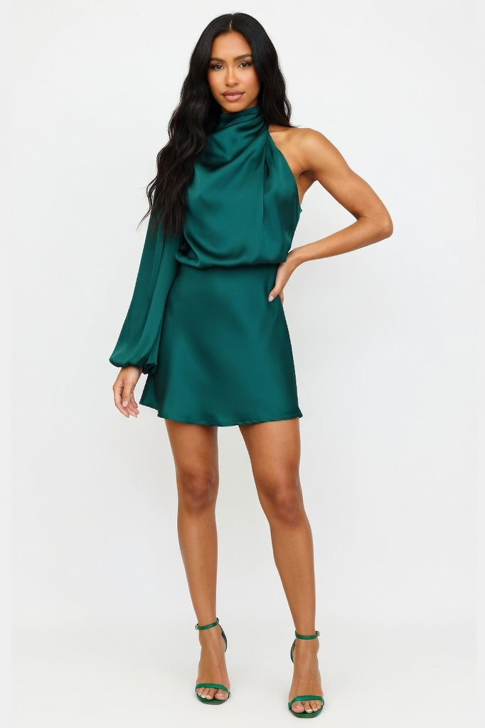 One-Shoulder Satin Midi Dress — Lake Blue