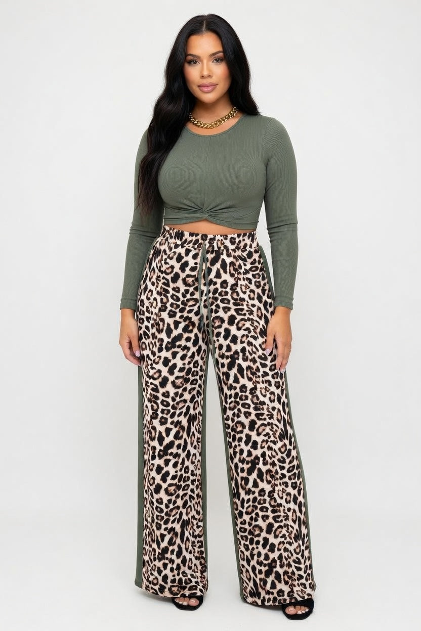 Leopard Print Wide Leg Trousers — front view