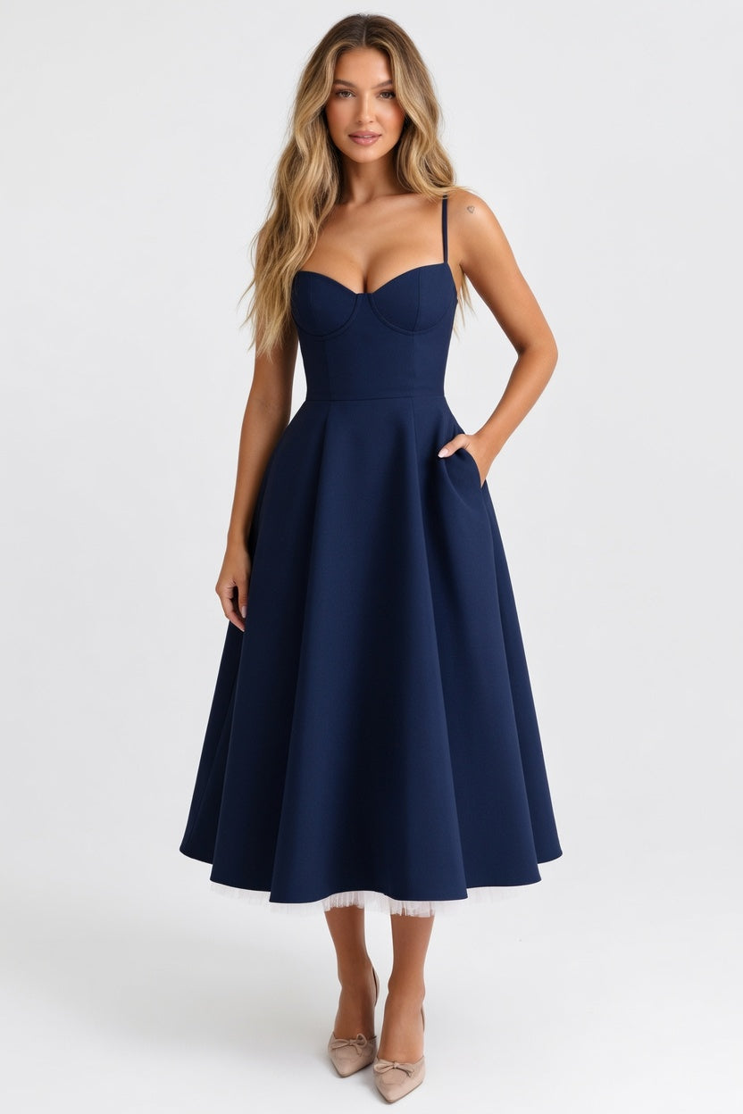 Layered Mesh Dress — Navy Blue